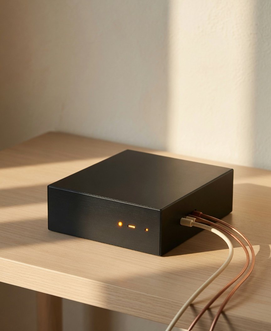 A small server on a wooden desk, with cables and a warm status light.